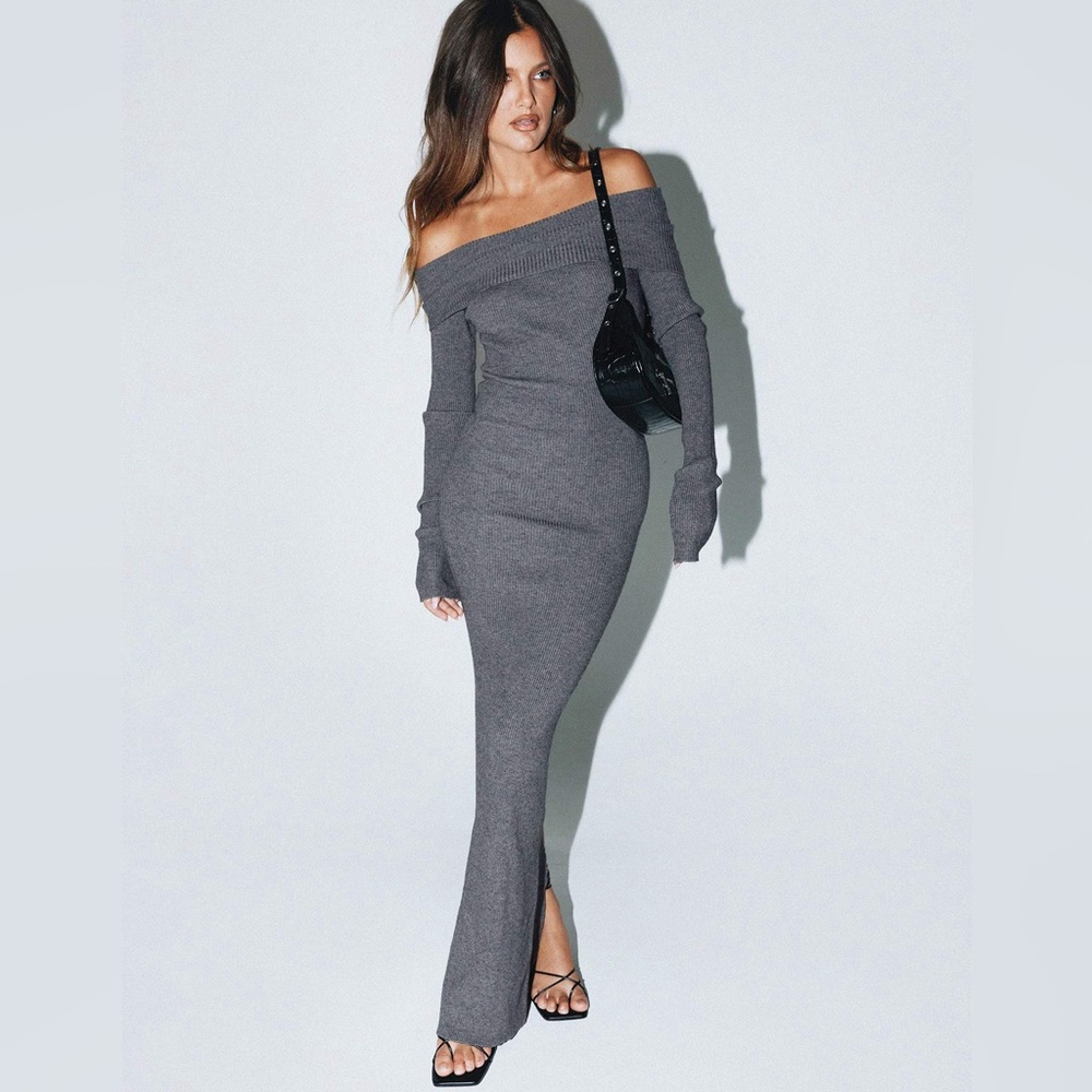 NWT Princess Polly Phyllis Off the Shoulder Maxi Dress in Slate; US 4